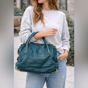 Foley + Corinna Blue-Green Leather Shoulder Bag | Gold Hardware